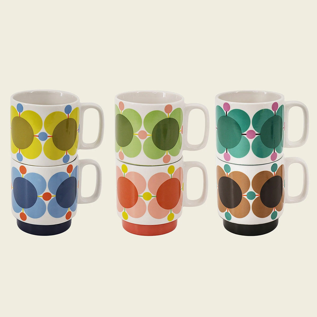 Orla Kiely Atomic Flower Set Of 6 Stacking Mugs 1 Orla Kiely Atomic Flower Set Of 6 Stacking Mugs