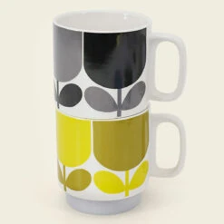 Orla Kiely Block Flower Slate/Ochre Set Of 2 Mugs